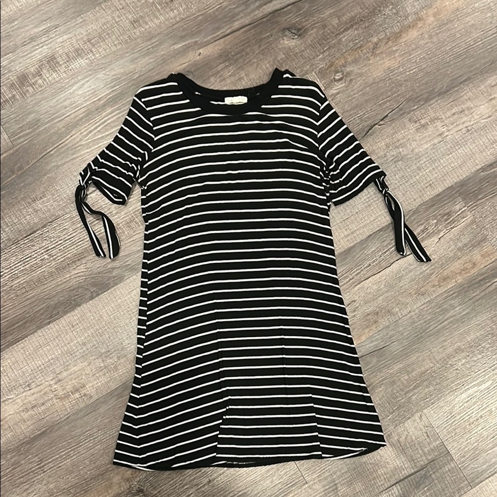 Black and White Striped Dress with Tie Sleeves